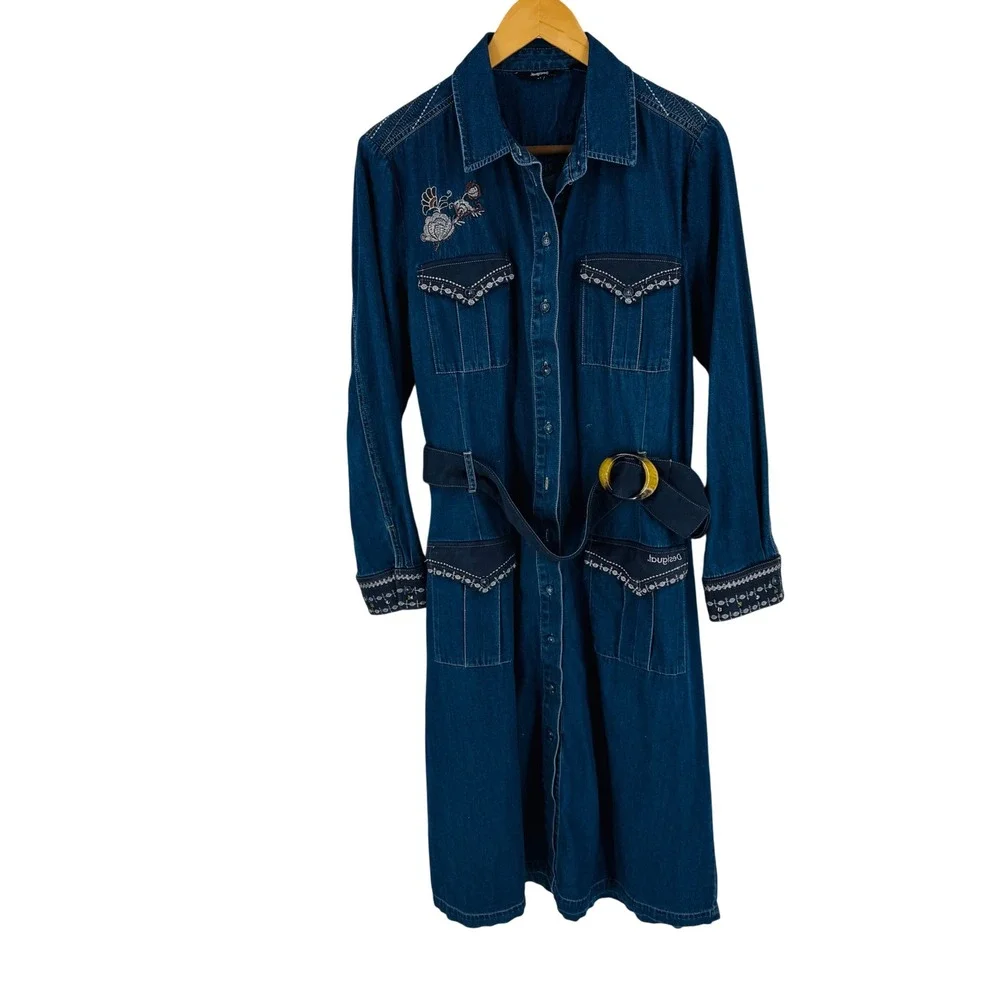 Desigual Denim Shirt Dress Embroidered Studded Belted Midi Western Size 44 Artsy - Picture 10 of 10